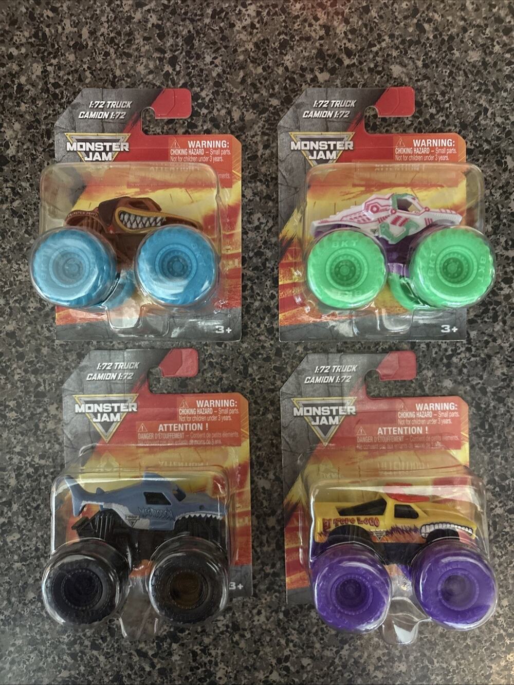New Set Of 4 Monster Jam Mini Trucks 1:72 Scale Megalodon Mutt Loco Rex